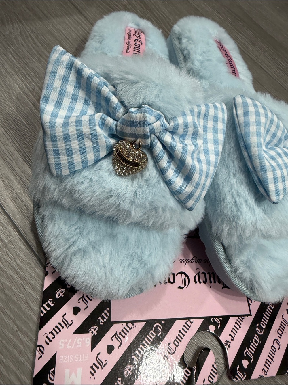 Juicy Couture Baby Blue Fuzzy Bow Slide Slippers
